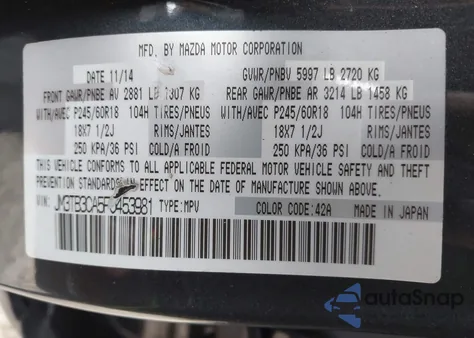 2015 Mazda Cx-9 Touring из США, поврежденный, VIN JM3TB3CA5F0453981